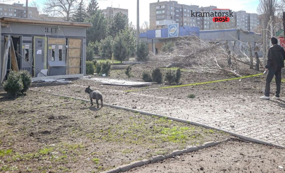 На тлі руйнувань чоловік вигулює собаку