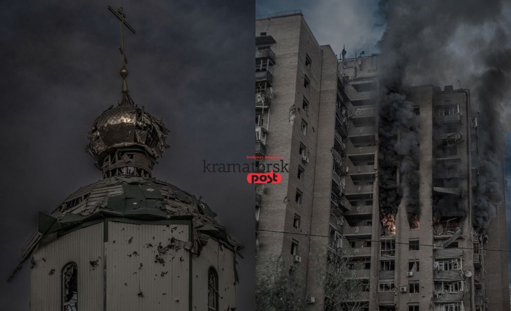 Пошкоджений купол та палаюча будівля