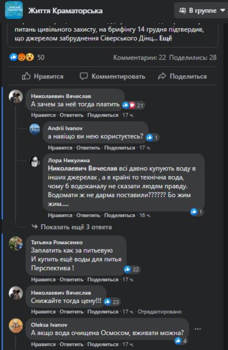 Коментарі читачів щодо якості води у Краматорську